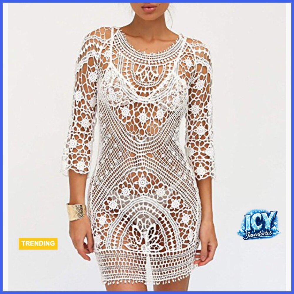Rayon Crochet Lace Bikini Cover Up Dress with V-Back - Picture 3 of 4